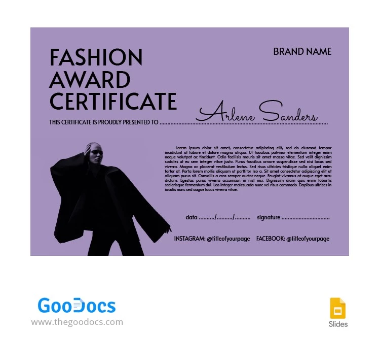 Certificato di premio moda - free Google Docs Template - 10063090