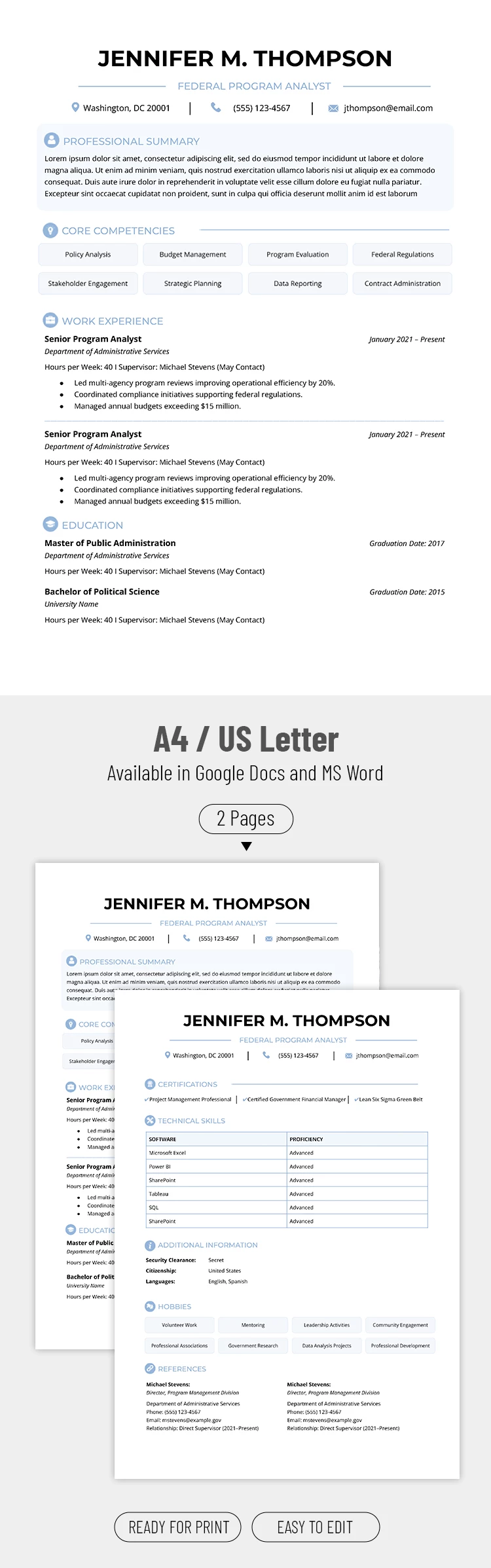 Anteprima di Modello di curriculum federale per Google Docs and Microsoft Word