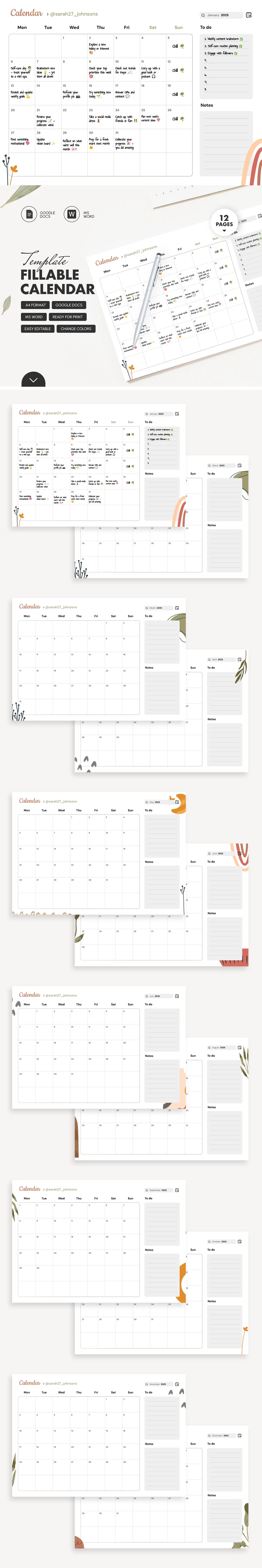 Cute Fillable Calendar - free Google Docs Template - 10069548