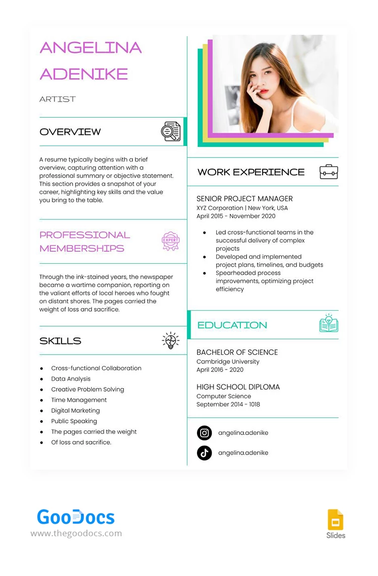 Fine Colorful Artist Resume - free Google Docs Template - 10067990