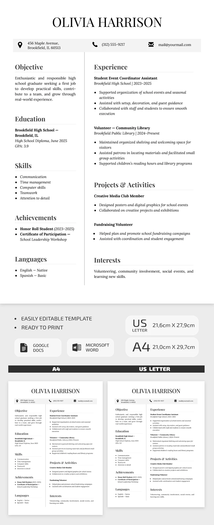 Preview of First Job Resume Template for Google Docs and Microsoft Word