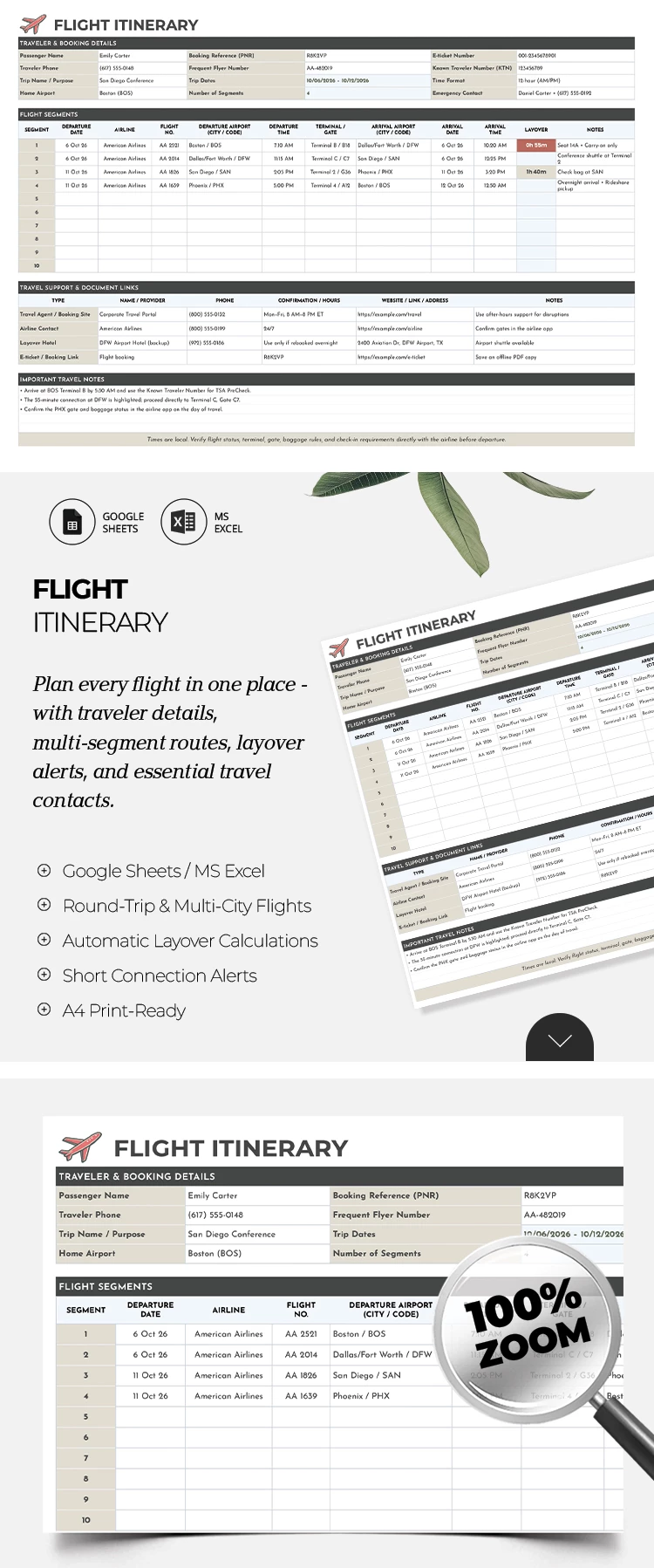 Preview of Flight Itinerary Spreadsheet Template for Google Sheets and Microsoft Excel
