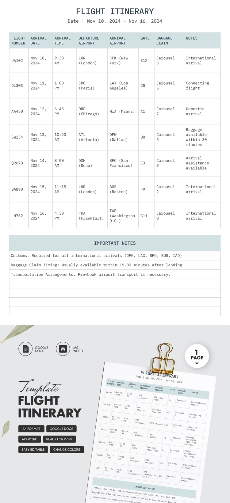 Flight Itinerary - free Google Docs Template - 10069547