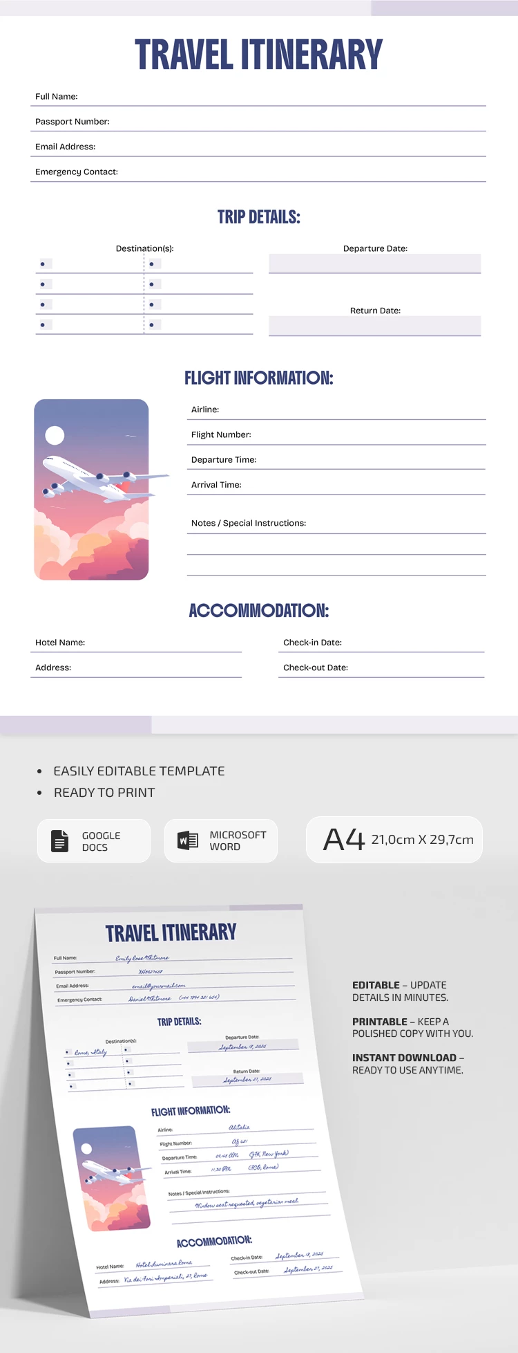 Modèle de itinéraire de vol pour la planification de voyage - free Google Docs Template - 10071698