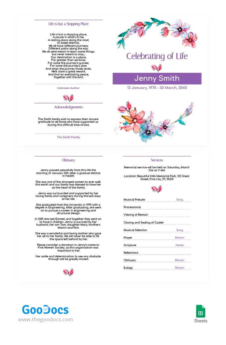 Programa de funeral floral roxo - free Google Docs Template - 10063696