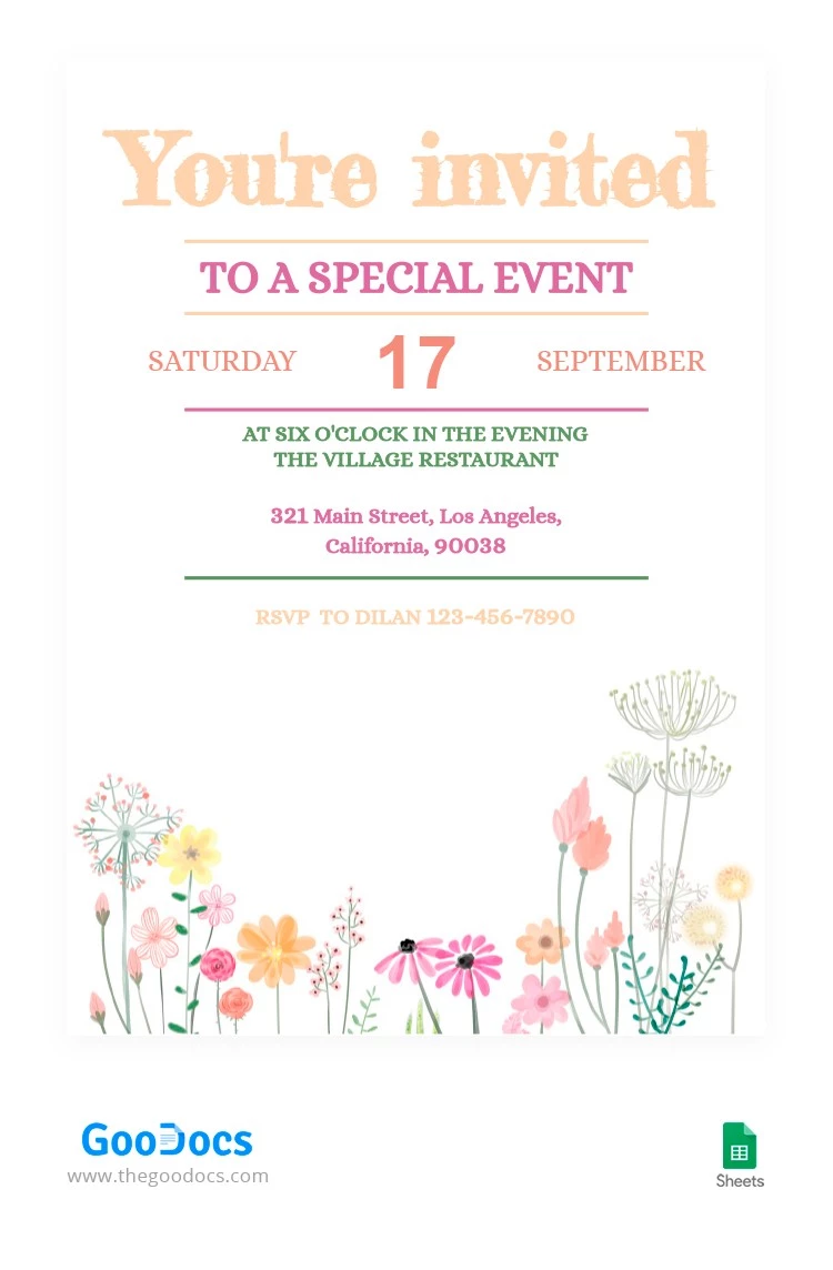 Convite Especial Floral Suave - free Google Docs Template - 10063352