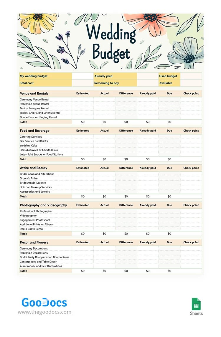 Budget per matrimoni floreali - free Google Docs Template - 10066281