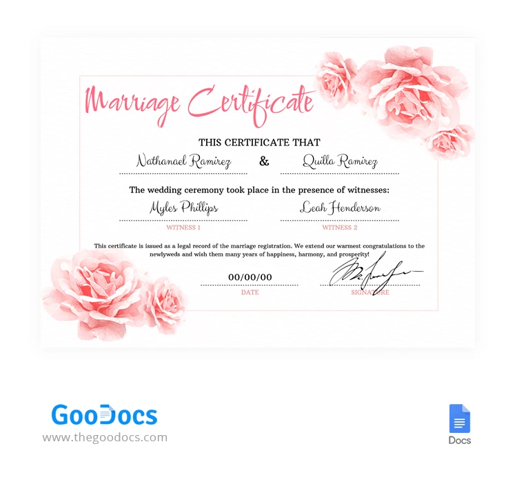 Certificato di matrimonio floreale rosa - free Google Docs Template - 10066661