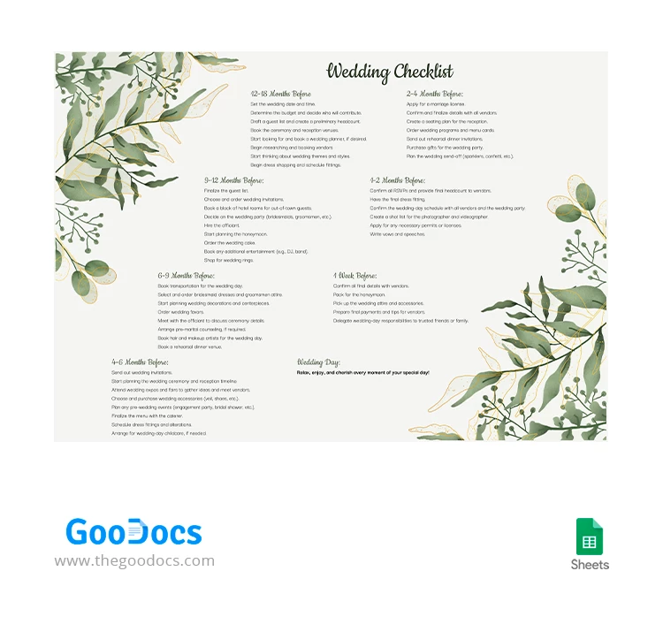 Floral Wedding Checklist - free Google Docs Template - 10066509