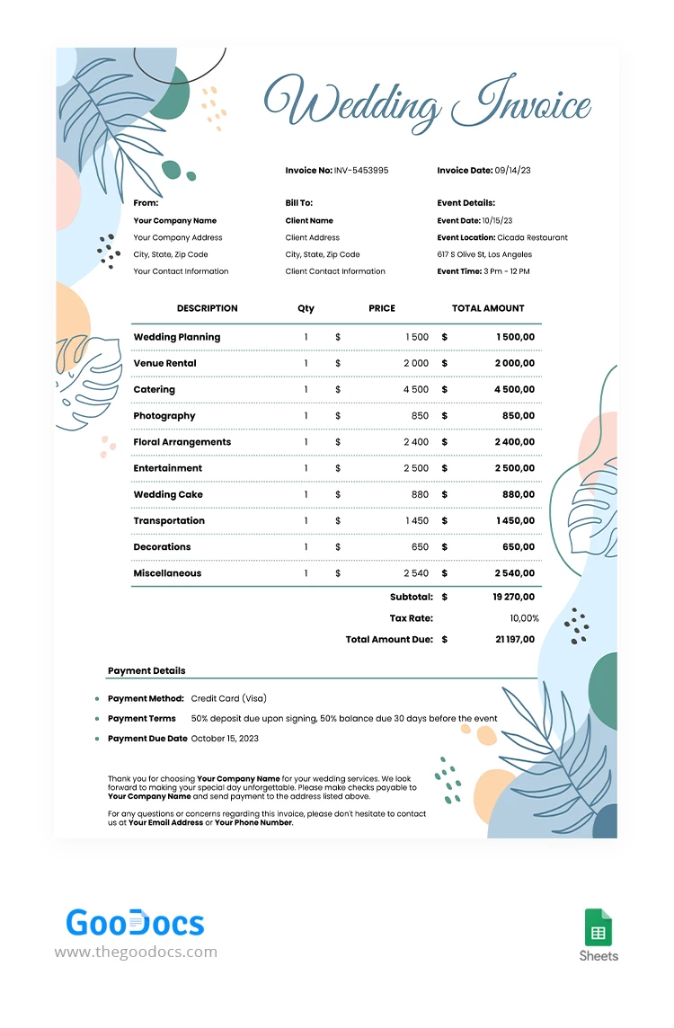 Fatura de casamento ilustrada com flores. - free Google Docs Template - 10067025