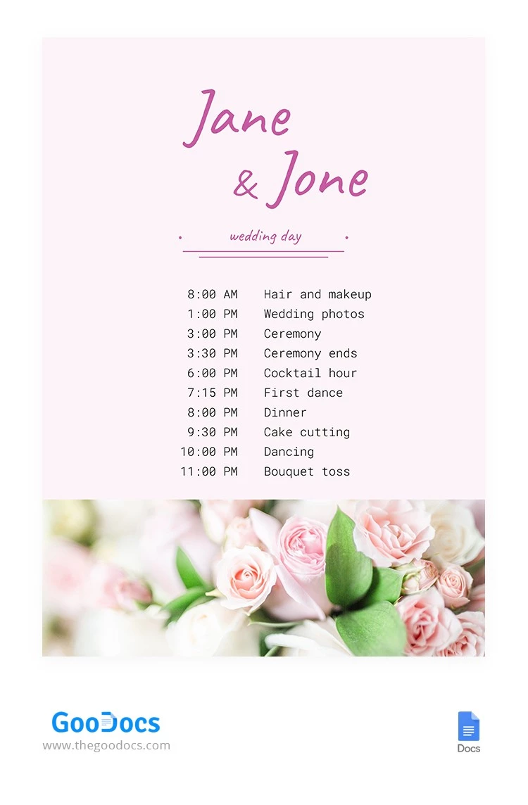 Floral Wedding Itinerary - free Google Docs Template - 10062324
