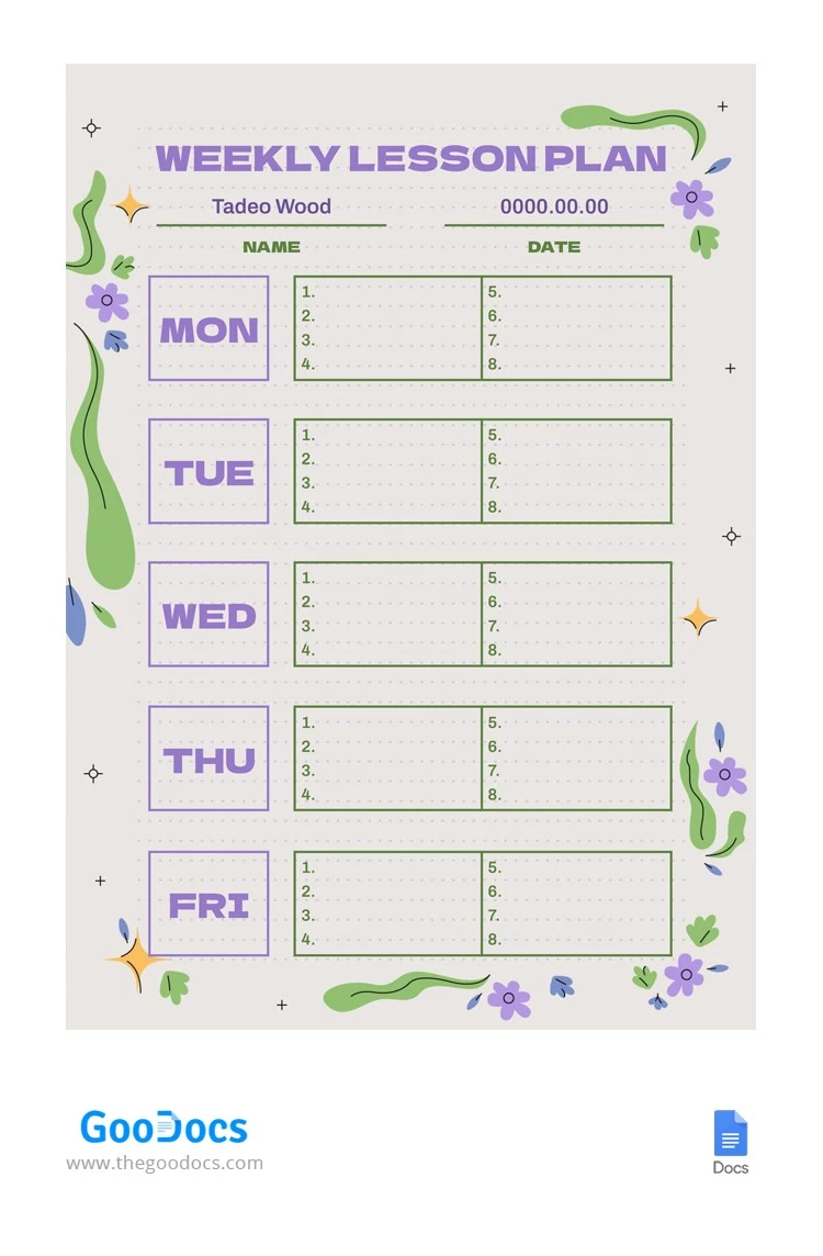 Plano de aula semanal com tema floral - free Google Docs Template - 10066159