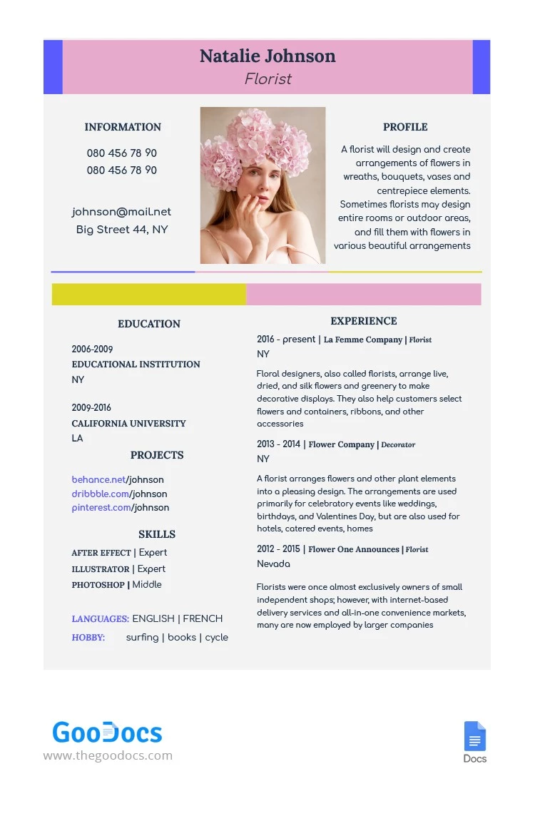 Curriculum Vitae de fleuriste - free Google Docs Template - 10062211