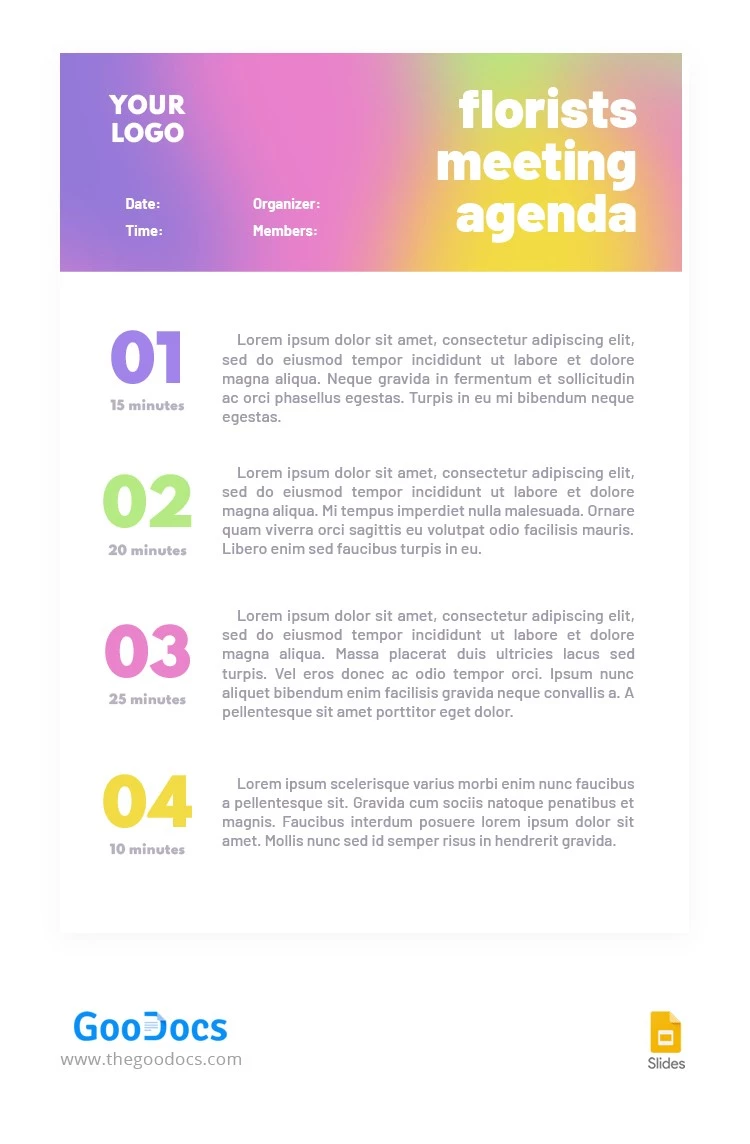 Présentation de l'agenda de l'événement en dégradé multicolore - free Google Docs Template - 10062817