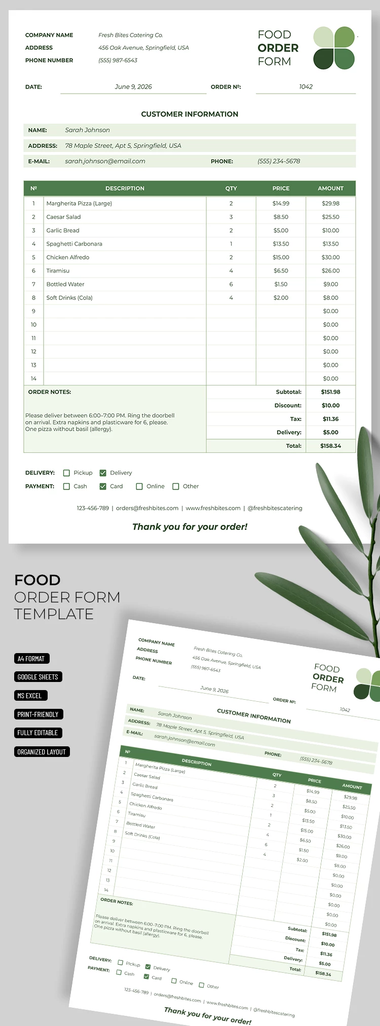 Preview of Food Order Form Template for Google Sheets and Microsoft Excel