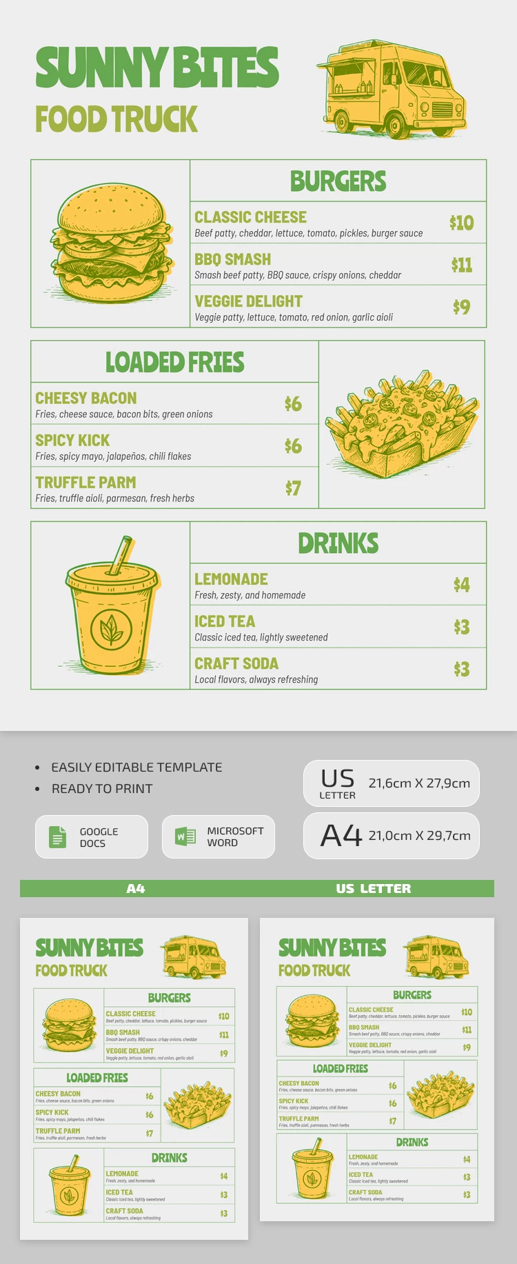Preview of Food Truck Menu Template for Google Docs and Microsoft Word