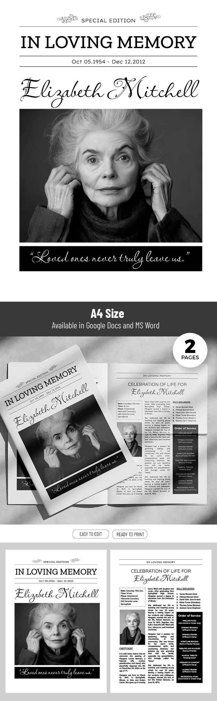 Formal Newspaper Obituary Template - free Google Docs Template - 10072007