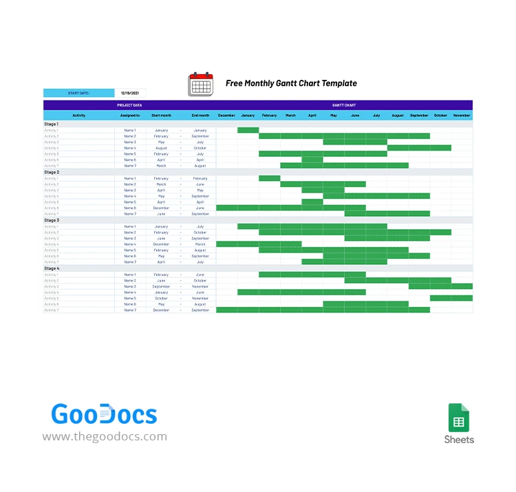 Gráfico de Gantt mensal gratuito. - free Google Docs Template - 10063118