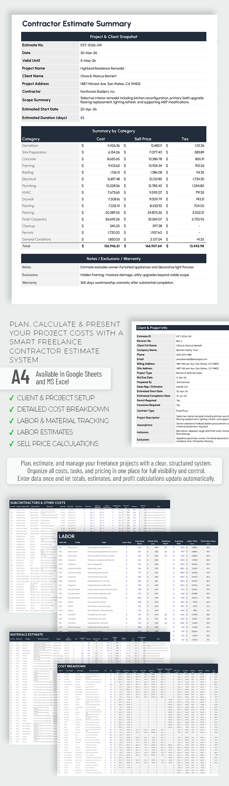 Vista previa de Plantilla de Estimación de Contratista Independiente para Google Sheets and Microsoft Excel