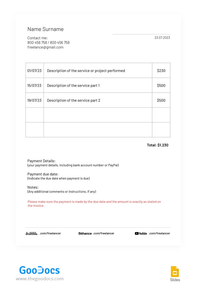 Facture minimaliste indépendante - free Google Docs Template - 10066324