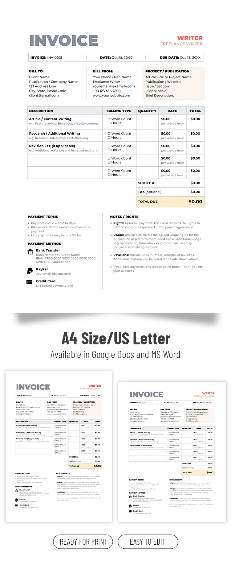 Preview of Freelance Writer Invoice Template for Google Docs and Microsoft Word