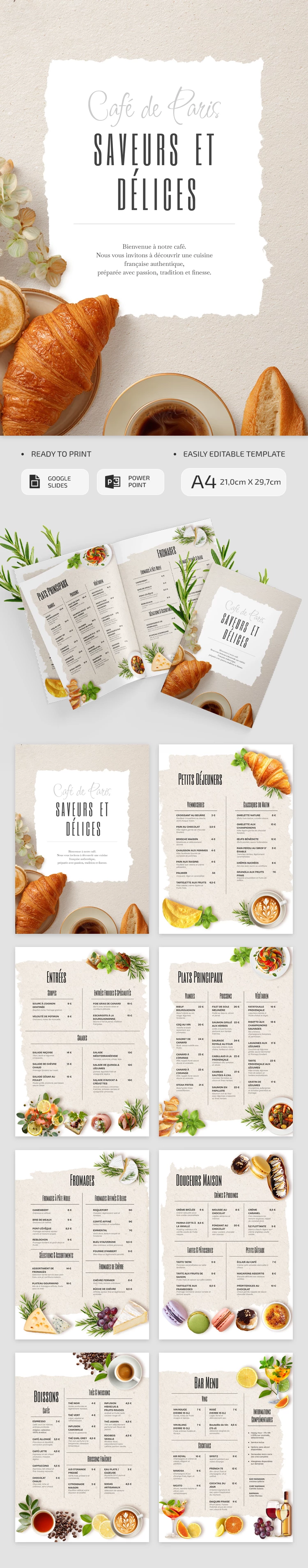 Anteprima di Modello di menu del caffè francese per Google Slides and Microsoft PowerPoint