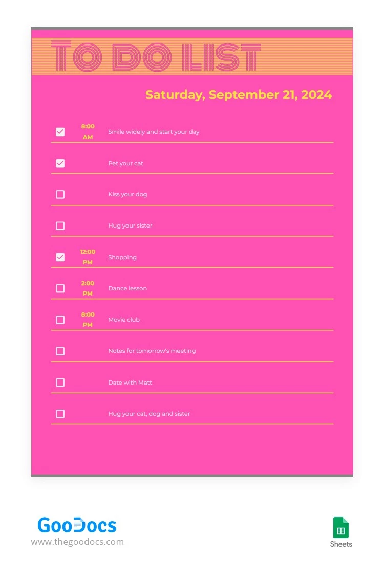 Modèle de liste de choses à faire de couleur fuchsia - free Google Docs Template - 10064204