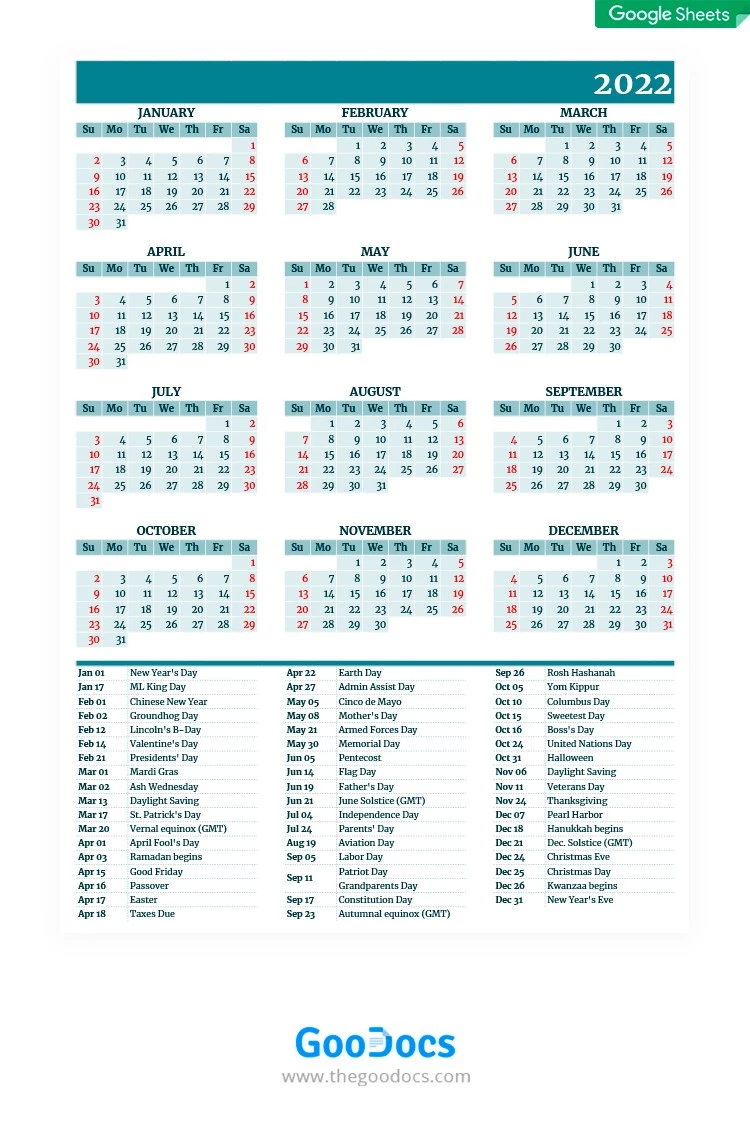 Calendario completo del año 2022 - free Google Docs Template - 10061988