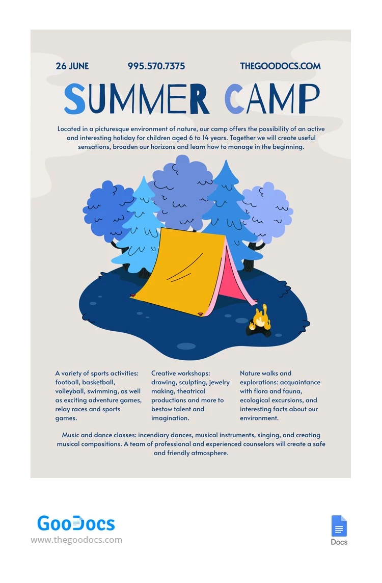 Folleto divertido de campamento de verano brillante de dibujos animados - free Google Docs Template - 10066166