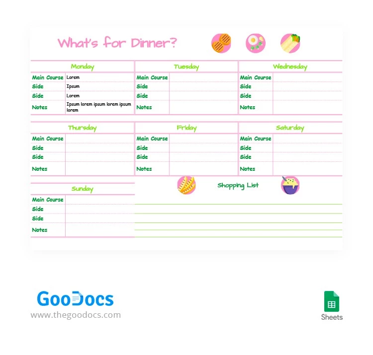 Planificador de comidas divertidas para la cena. - free Google Docs Template - 10062500