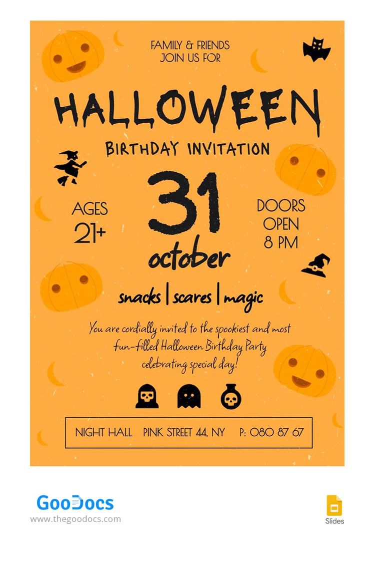 Invitación divertida de cumpleaños de Halloween - free Google Docs Template - 10068339
