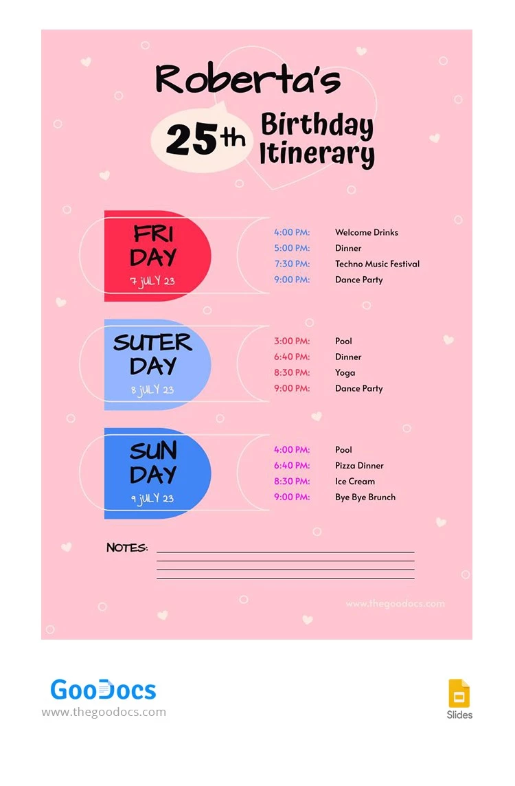 Itinerario divertido de cumpleaños en rosa - free Google Docs Template - 10066156