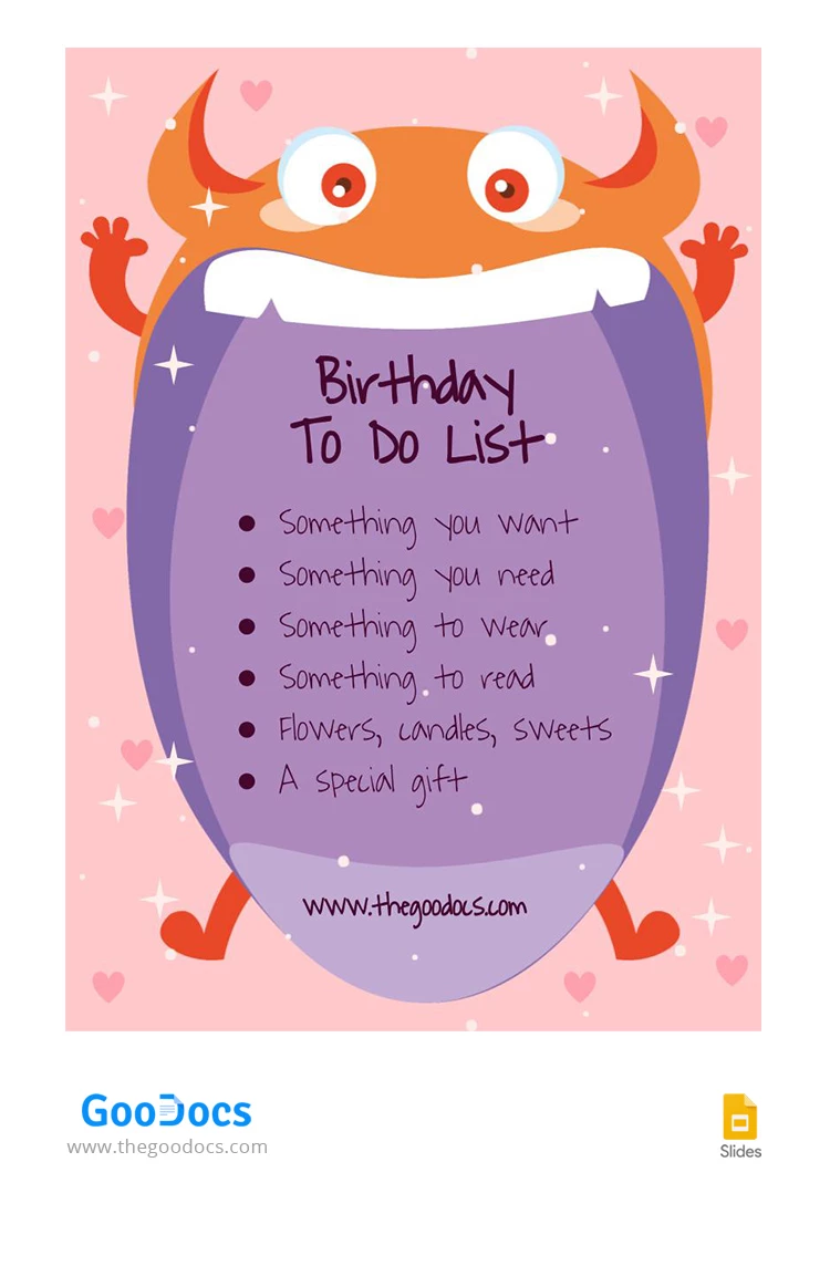 Divertida lista de tareas especiales para el cumpleaños. - free Google Docs Template - 10066641