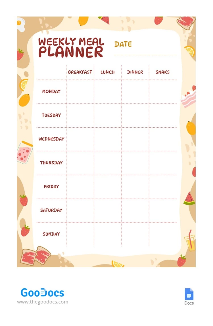Planificador semanal de comidas divertidas. - free Google Docs Template - 10066084
