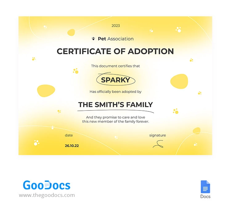 Funny Yellow Pet Certificate - free Google Docs Template - 10065488
