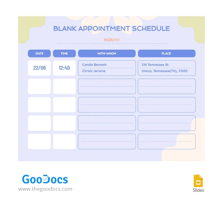 Gentle Appointment Schedule - free Google Docs Template - 10065989