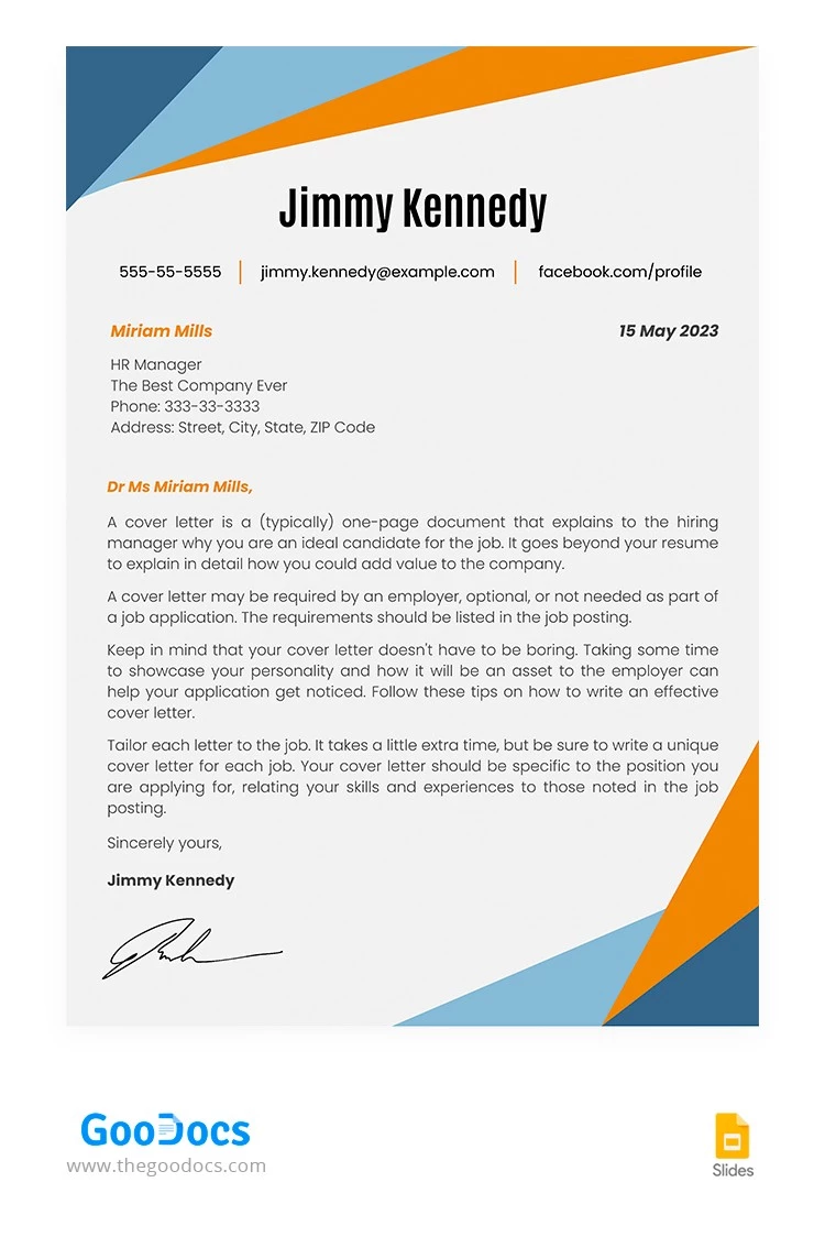 Geometric Blue and Orange Cover Letter - free Google Docs Template - 10065826