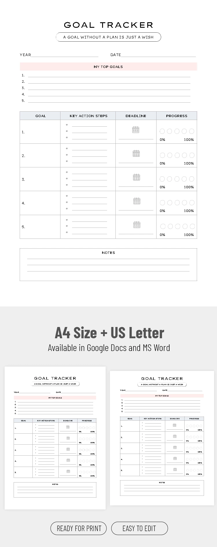 Vorschau von Zielverfolgungsvorlage für Google Docs and Microsoft Word