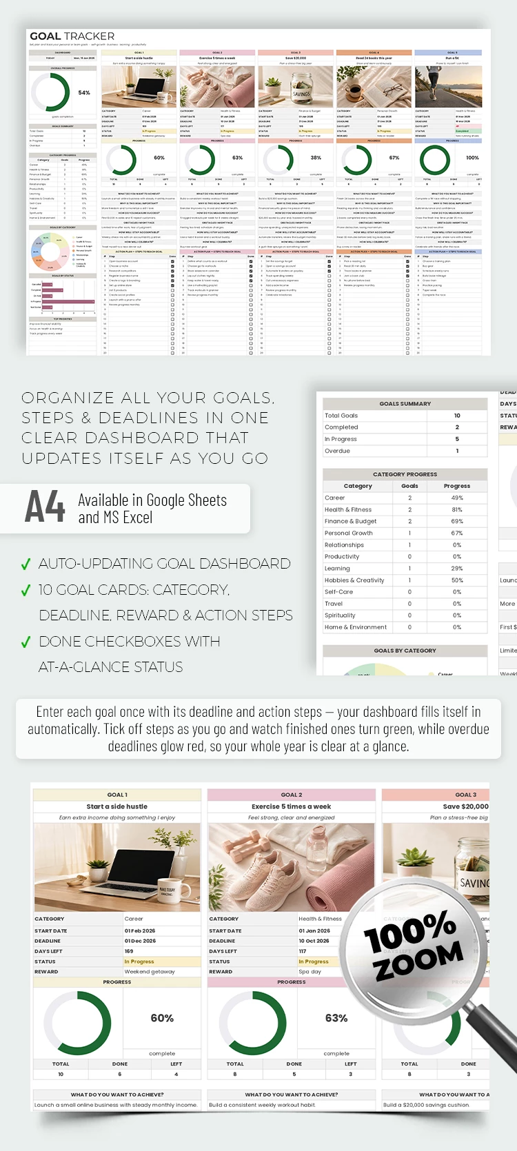 Preview of Goal Tracker Template for Google Sheets and Microsoft Excel