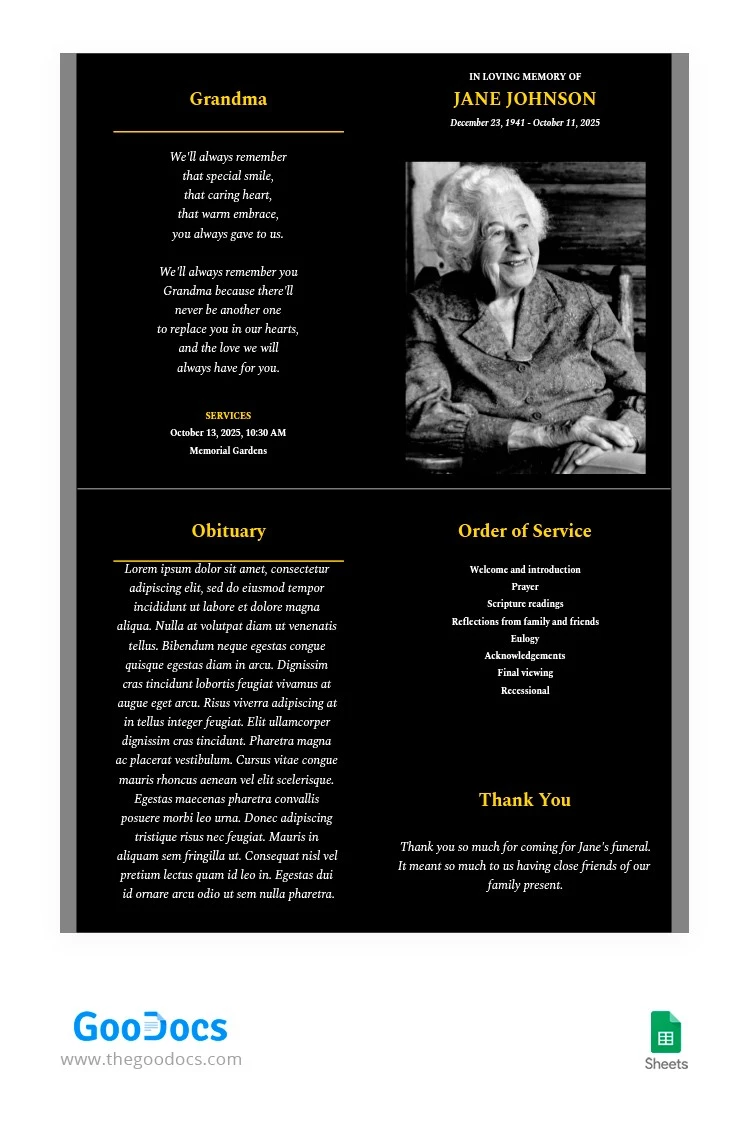 Gold and Black Funeral Program - free Google Docs Template - 10063173