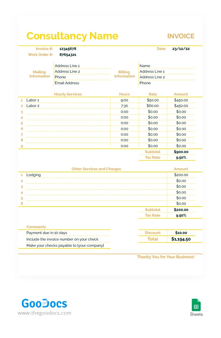 Factura de consultor formal en oro - free Google Docs Template - 10062679