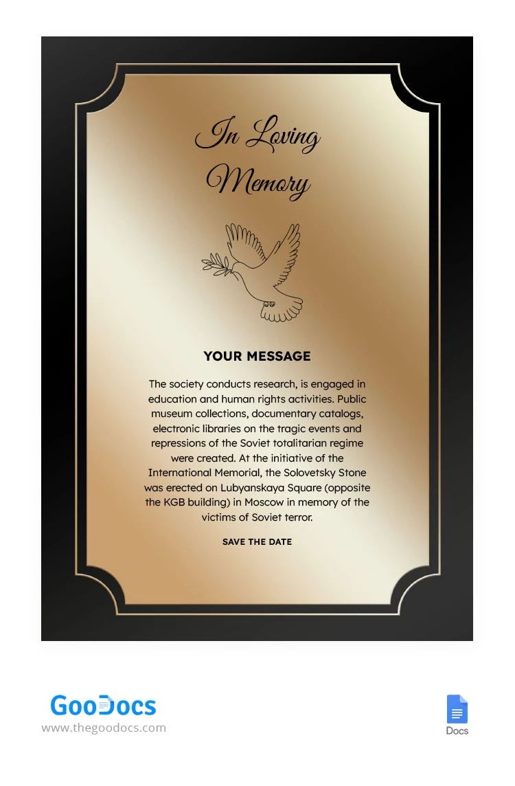 Gold Memorial Invitation - free Google Docs Template - 10063337