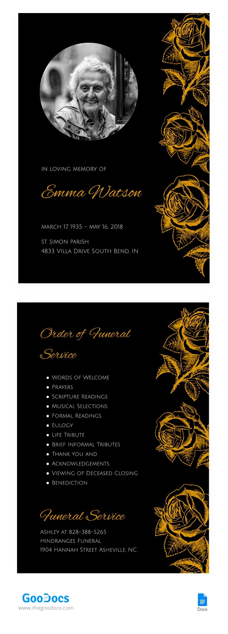 Gold Rose Funeral Program - free Google Docs Template - 10063011