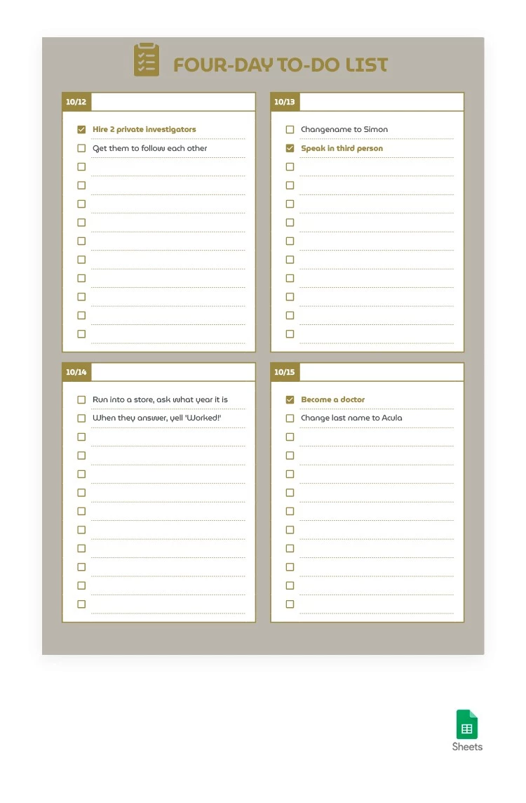 Golden Four-Day To-Do List - free Google Docs Template - 10064383