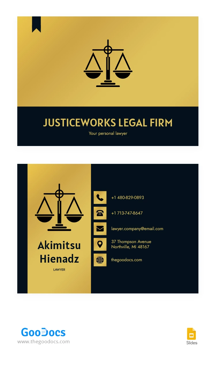 Tarjetas de presentación para abogados doradas. - free Google Docs Template - 10066635