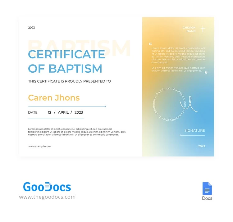 Certificato di battesimo a gradiente - free Google Docs Template - 10065706