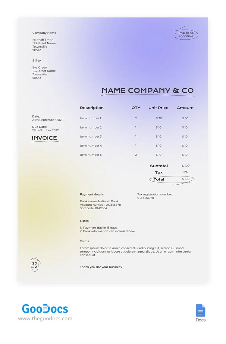 Gradient Basic Invoice - free Google Docs Template - 10064749