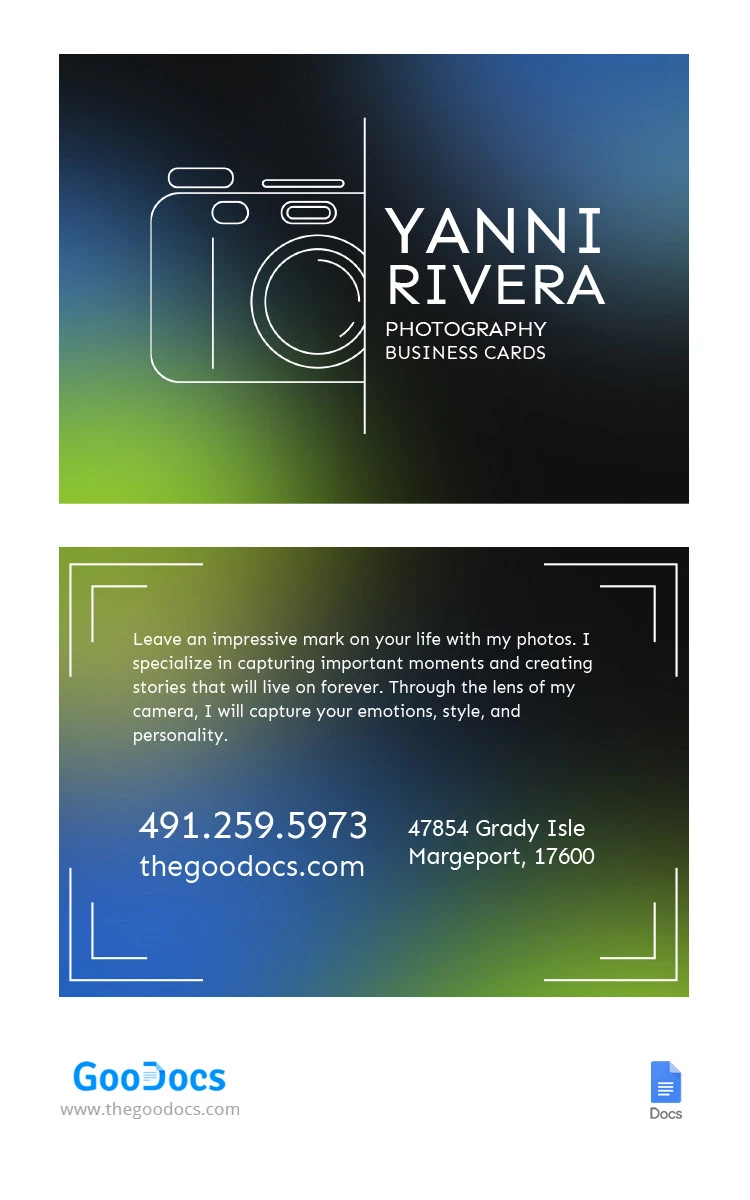 Gradient Bright Photographer Business Card - free Google Docs Template - 10066349
