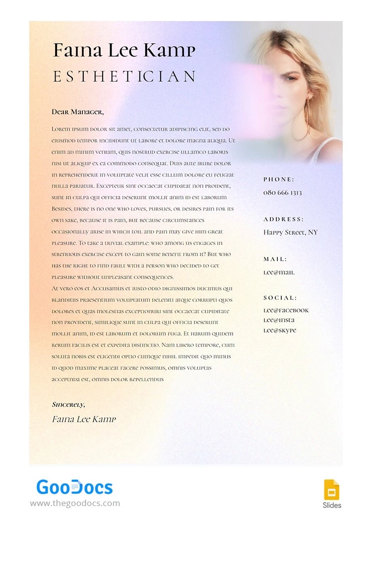 Carta de presentación del esteticista de gradiente. - free Google Docs Template - 10065762