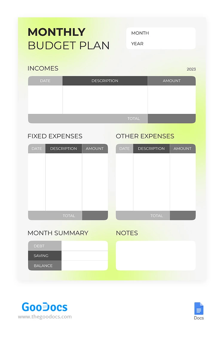 Monatliches Budget mit Gradient - free Google Docs Template - 10065500